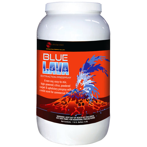 Blue LAVA Prespray high pH powdered NON-OXY prespray and extraction cleaner for commercial carpets and upholstery.